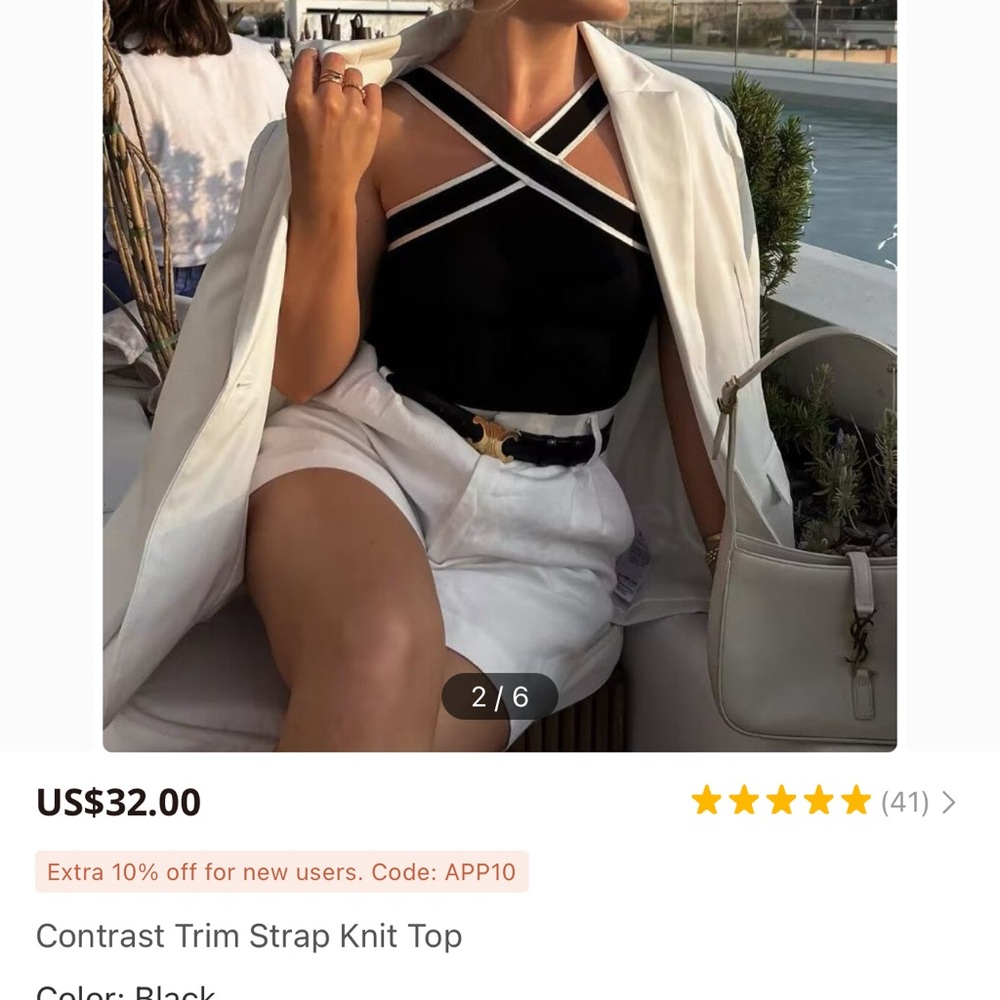 Commense Black and White Contrast Trim Strap Knit Top